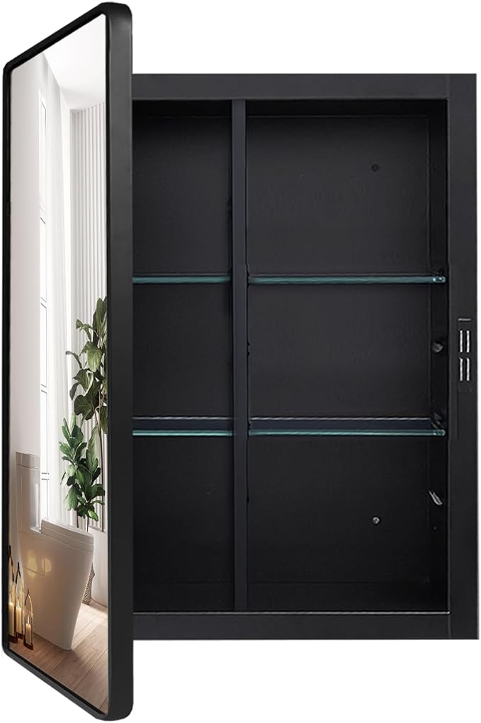 Black Medicine Cabinet 20x30 inch, Bathroom Mirror with Storage, Recessed or Wall Mounted Farmhouse Cabinets, Metal Framed Adjustable Shelves, One Door Open Left or Right