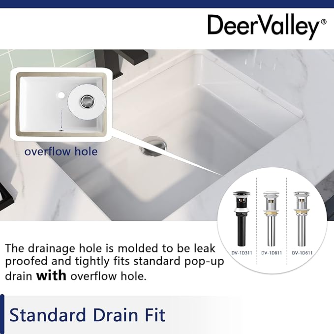 DeerValley DV-1U202 Ursa Bathroom Vessel Sink Rectangular Under-mount White Porcelain Ceramic Bathroom Sink with Overflow