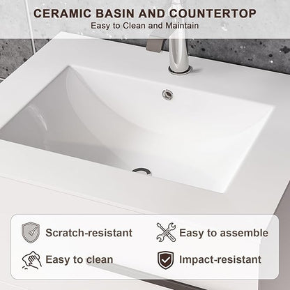 30 Inch Floating Bathroom Vanity - White Modern Wall Mounted Vanity with Sink, Soft-Close Two Drawers, Black Handles & Smooth Motion Glides (White, 30")