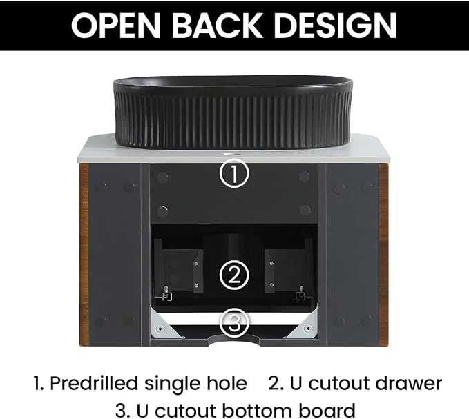 24" Preassembled Floating Bathroom Vanity with Black Sink, Walnut | Mid-Century Modern Style, Fluted & Soft-Close Drawer with U-shaped Wall, Sinterted Stone Countertop, Towel Rack Included