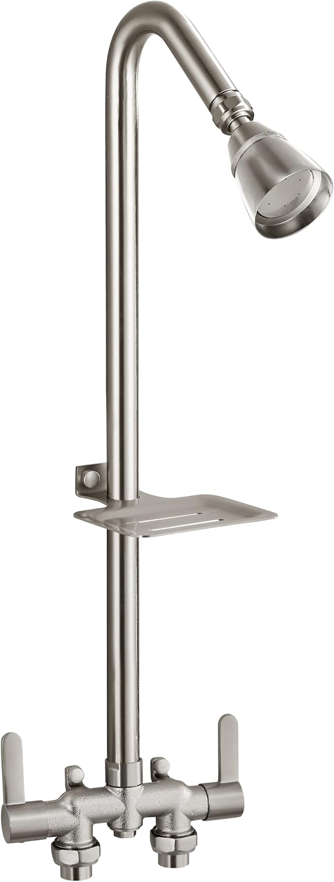 Aolemi Outdoor Shower Kit, Downward-Facing Inlets, Brushed Nickel | 3-Inch Center Hot And Cold Mixer Valve, Dual Handles, with Soap Dish For Convenient Outdoor Shower Use