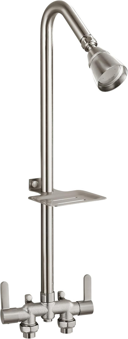 Aolemi Outdoor Shower Kit, Downward-Facing Inlets, Brushed Nickel | 3-Inch Center Hot And Cold Mixer Valve, Dual Handles, with Soap Dish For Convenient Outdoor Shower Use