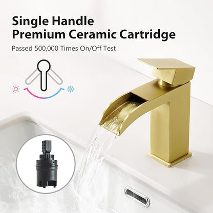 Faustina Brushed Gold Waterfall Bathroom Faucet, Single Handle Wide Spout Stainless Steel Gold Vanity Sink Faucet with Pop Up Drain & Deck Plate for 1 or 3 Hole