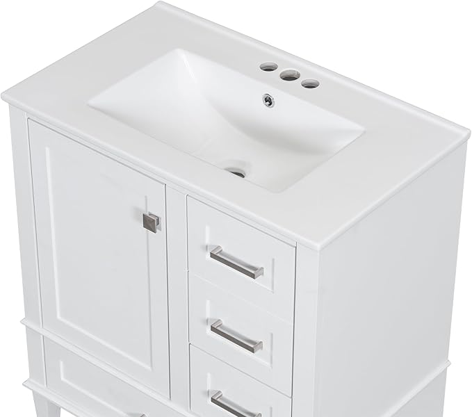 LUMISOL 30 Inch Bathroom Vanity with Sink, Wood Bathroom Storage Cabinet with Soft Closing Door and 3 Drawers, Freestanding Bathroom Vanities with Undermount Ceramic Sink, White