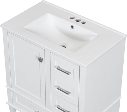 LUMISOL 30 Inch Bathroom Vanity with Sink, Wood Bathroom Storage Cabinet with Soft Closing Door and 3 Drawers, Freestanding Bathroom Vanities with Undermount Ceramic Sink, White