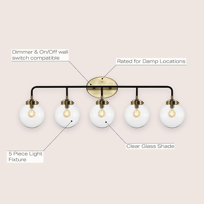 JONATHAN Y 38" Black/Brass Gold 5-Light LED Wall Sconce Vanity Lighting, Clear Glass Globe Shade Modern Contemporary Sconce for Bathroom Mirror, Hallway, UL Listed (JYL9555A)