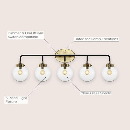 JONATHAN Y 38" Black/Brass Gold 5-Light LED Wall Sconce Vanity Lighting, Clear Glass Globe Shade Modern Contemporary Sconce for Bathroom Mirror, Hallway, UL Listed (JYL9555A)