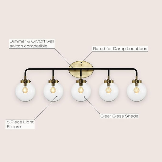 JONATHAN Y 38" Black/Brass Gold 5-Light LED Wall Sconce Vanity Lighting, Clear Glass Globe Shade Modern Contemporary Sconce for Bathroom Mirror, Hallway, UL Listed (JYL9555A)