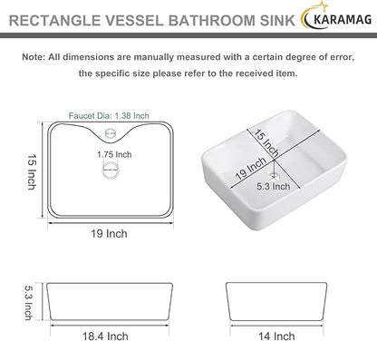 Vessel Sink 19"x15" Bathroom Sink Modern Above Counter Rectangular 19 Inch Bathroom Sinks with Faucet Hole White Porcelain Ceramic Bathroom Sinks