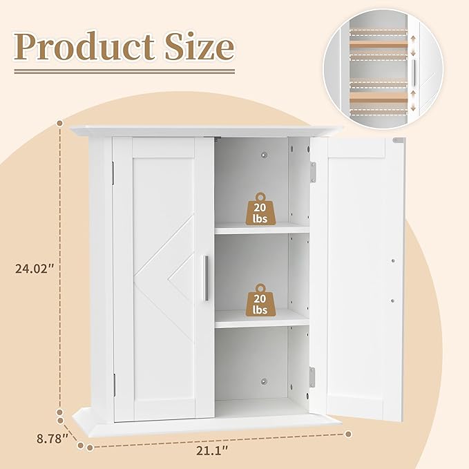 VECELO Bathroom Wall Mounted Medicine Cabinet, Over The Toilet Storage with Adjustable Shelf and 2 Doors, Space Saving Cupboard for Kitchen, Living Room, Bedroom, Entryway, White