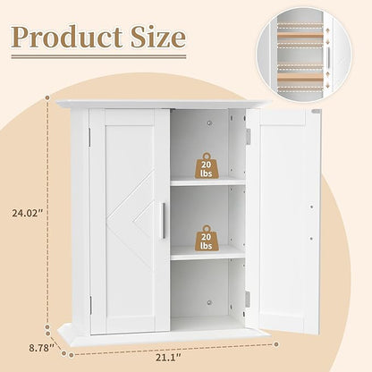 VECELO Bathroom Wall Mounted Medicine Cabinet, Over The Toilet Storage with Adjustable Shelf and 2 Doors, Space Saving Cupboard for Kitchen, Living Room, Bedroom, Entryway, White