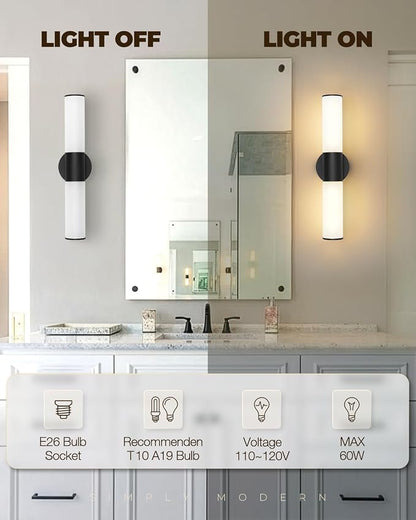 2-Light Bathroom Vanity Lighting Fixture, Black Wall Sconce with Opal White Glass, E26 Stocket Indoor Wall Lamp, Modern Mirror Light. 2 Pack