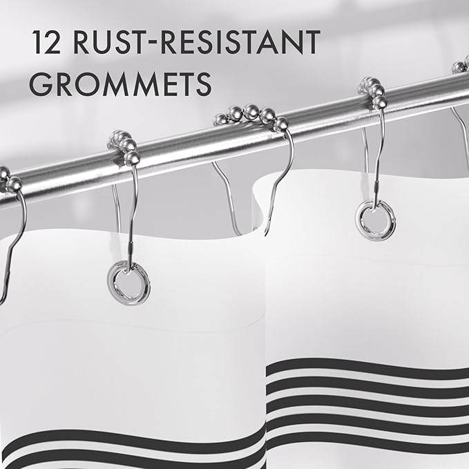 AmazerBath Long Shower Curtain, 72x78 Striped Black Fabric Shower Curtain Set with 12 Shower Curtain Hooks, Rustic Cloth Black and White Shower Curtain, Farmhouse Bathroom Shower Curtain Sets