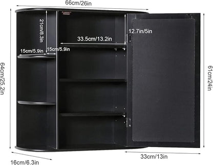 Iwell Bathroom Medicine Cabinet with Mirror, Wall Cabinet with 2 Adjustable Shelves & 6 Open Shelves, Bathroom Cabinet Wall Mounted, Over The Toilet Space Saver Storage Cabinet, Black