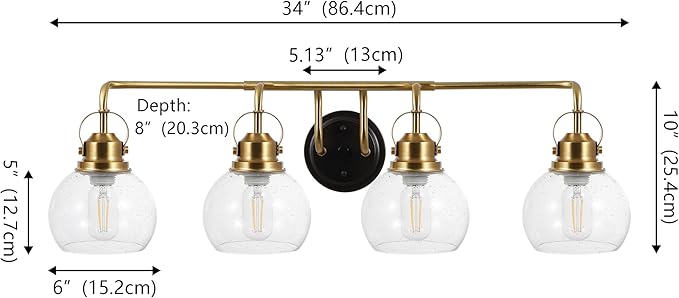 JONATHAN Y 34" Brass Gold/Oil Rubbed Bronze Shirley 4-Light Bathroom Vanity Light, Metal Wall Sconce, Clear Seeded Glass Shade, Modern Transitional Farmhouse Fixture, LED Bulbs Included (JYL7406B)