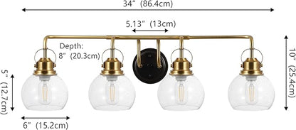 JONATHAN Y 34" Brass Gold/Oil Rubbed Bronze Shirley 4-Light Bathroom Vanity Light, Metal Wall Sconce, Clear Seeded Glass Shade, Modern Transitional Farmhouse Fixture, LED Bulbs Included (JYL7406B)