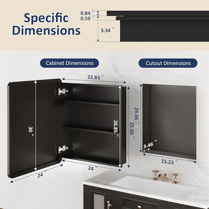 Medicine Cabinet Mirror 24x30 Inch, Black Bathroom Mirror Cabinet with Stepless Adjustable Shelves, Rounded Rectangle Metal Framed, Bathroom Mirror with Storage Recessed or Wall Mount