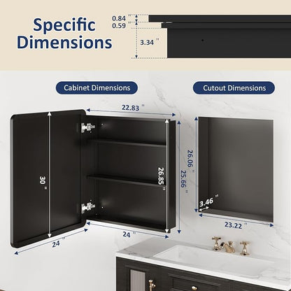 Medicine Cabinet Mirror 24x30 Inch, Black Bathroom Mirror Cabinet with Stepless Adjustable Shelves, Rounded Rectangle Metal Framed, Bathroom Mirror with Storage Recessed or Wall Mount
