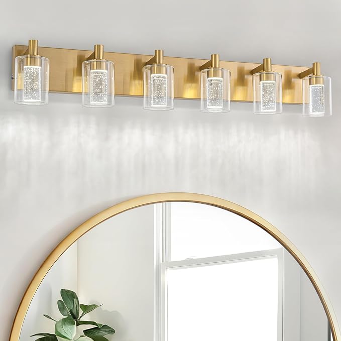 SineRise Vanity Light with 3 Color Modes (3000K/4000K/6000K), Eye Protection LED Bathroom Light Fixture, Dimmable Modern Wall Light Over Mirror with Clear Glass Shade (Gold, 6-Light)