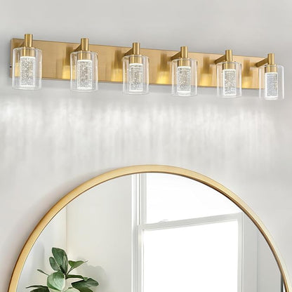 SineRise Vanity Light with 3 Color Modes (3000K/4000K/6000K), Eye Protection LED Bathroom Light Fixture, Dimmable Modern Wall Light Over Mirror with Clear Glass Shade (Gold, 6-Light)