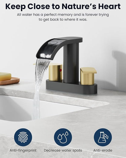 gotonovo 4’’ Centerset Bathroom Sink Faucet Waterfall Black&Brushed Gold | SUS304 Bathroom Faucet,2.17’’ Wide Spout,24’’ cUPC Water Line,Pop up Drain,2 Handle,Basin,Vanity,RV,Lavatory 2 or 3 Hole Sink