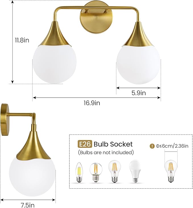 Bathroom Vanity Light Fixtures: 2-Light Mid Century Farmhouse Bathroom Lighting Fixtures Over Mirror - Brushed Gold Wall Sconce with Frosted Globe Glass for Hallway Restroom
