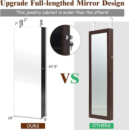 Giantex Wall Door Mounted Jewelry Armoire Cabinet with 47.5" H Full Length Mirror, 2 LEDs Lockable Jewelry Organizer Box with Bracelet Rod, 2 Drawers, Large Storage Capacity (Espresso)