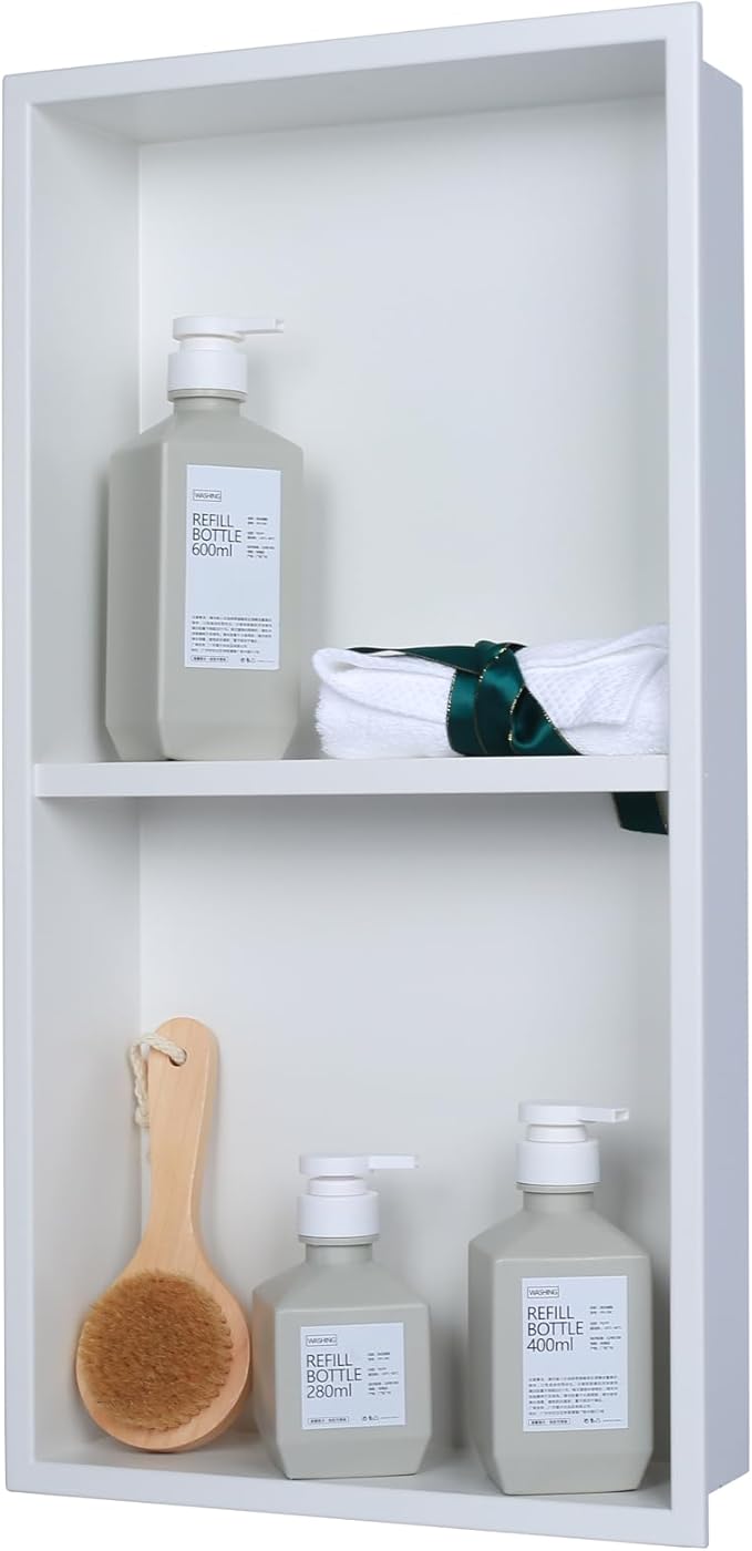 24 x 12 in Recessed Shower Niche with Double Shelves, Matte White Stainless Steel Wall Insert, No Tile Needed, Leakproof Built-in Storage for Bathroom, Kitchen