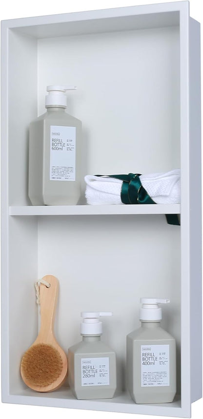 24 x 12 in Recessed Shower Niche with Double Shelves, Matte White Stainless Steel Wall Insert, No Tile Needed, Leakproof Built-in Storage for Bathroom, Kitchen