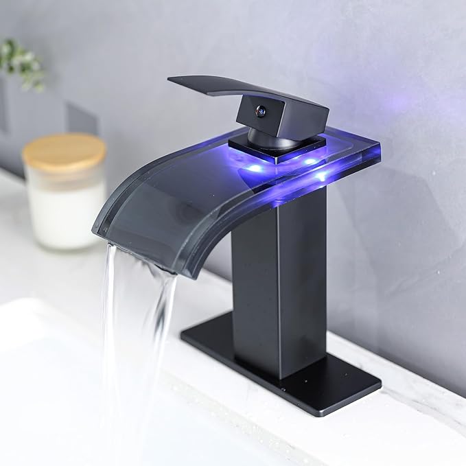 LED Bathroom Sink Faucet, Matte Black Waterfall Single Handle Vanity Faucets for Sinks 1 Hole Wide Glass Spout with Pop Up Drain with Overflow