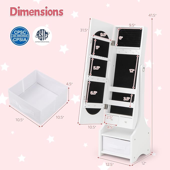 CHARMAID Kids Jewelry Armoire Cabinet - Standing jewelry Organizer for Girls, Full Length Mirror, Storage Drawers and Shelves, Kids Vanity Dressing Mirror with Storage (White)