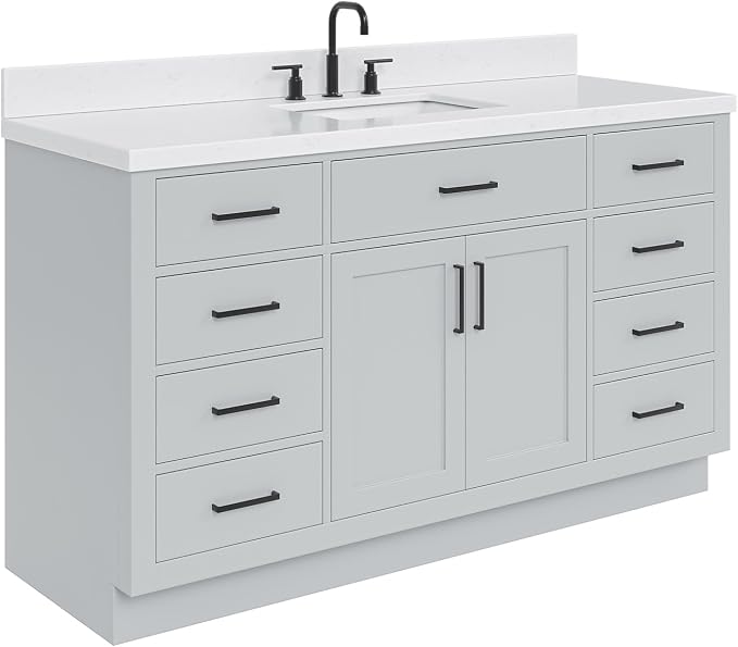 ARIEL Hepburn 60-inch Bathroom Vanity with Sink,Solid Wood, 1.5-inch Carrara White Quartz Countertop & Backsplash, Single Rectangular Porcelain Sink, 2 Soft Closing Doors, 9 Dovetail Drawers, Grey