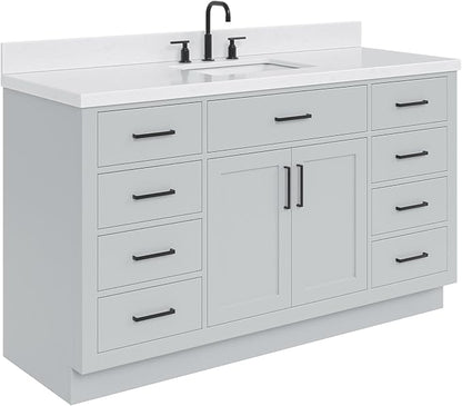 ARIEL Hepburn 60-inch Bathroom Vanity with Sink,Solid Wood, 1.5-inch Carrara White Quartz Countertop & Backsplash, Single Rectangular Porcelain Sink, 2 Soft Closing Doors, 9 Dovetail Drawers, Grey