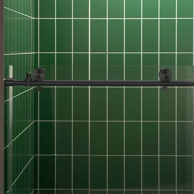 Woodbridge 56-60" W x 80" H Frameless Single Sliding Shower Door with Tempered Glass & Explosion Proof Film in Matte Black Finish