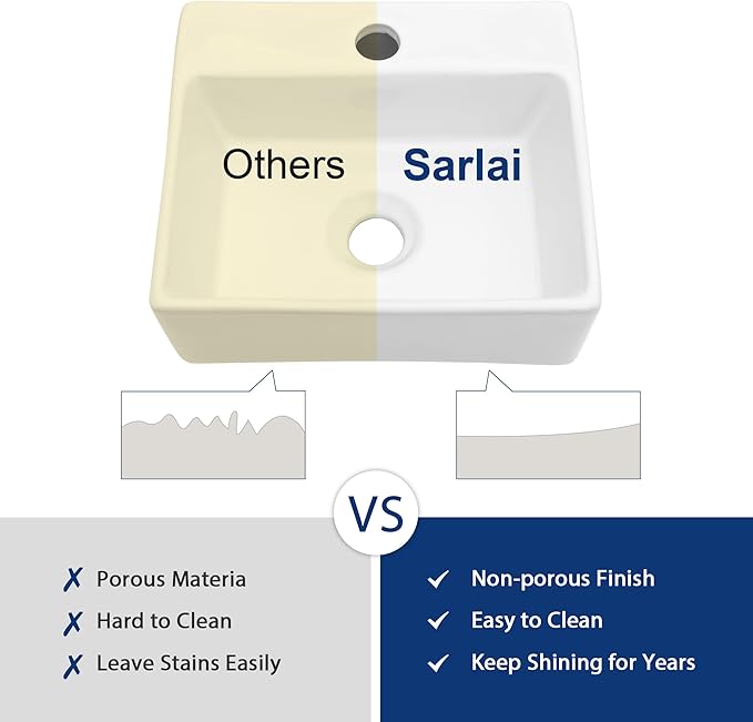 Sarlai Wall Mount Hung Small Vessel Sink - 13"x11" Floating Vessel Sink Wall Mounted Small Bathroom Sinks Tiny Modern Rectangle Floating White Porcelain Ceramic Vanity Sink