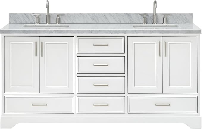 ARIEL Stafford 72-inch Bathroom Vanity with Sink,Solid Wood, 1.5-inch Italian Carrara Marble Countertop, Double Rectangular Porcelain Sink, 4 Soft Closing Doors, 6 Dovetail Drawers, White