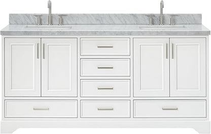 ARIEL Stafford 72-inch Bathroom Vanity with Sink,Solid Wood, 1.5-inch Italian Carrara Marble Countertop, Double Rectangular Porcelain Sink, 4 Soft Closing Doors, 6 Dovetail Drawers, White