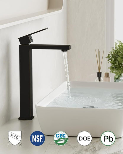 gotonovo Vessel Sink Faucet Single Handle Tall Bathroom Faucet One Hole Modern Lavatory Vanity Basin Mixer Tap Matching Supply Hoses and Pop up Drain Without Overflow, Oil Rubbed Bronze