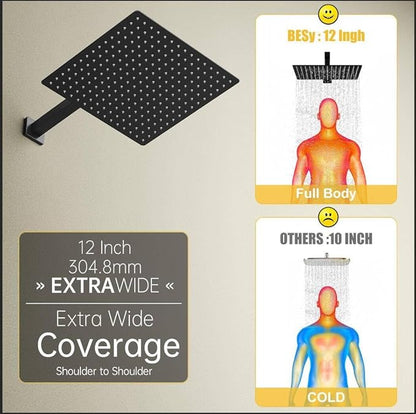 12 Inch Rain Shower Head, 12" Square Rainfall & High Pressure Stainless Steel Bath Showerhead, 1/16" Ultra Thin, Waterfall Full Body Coverage with Silicone Nozzle, Matte Black Finish | Square Rain Bathroom Showerhead, High Flow, Large Stainless Steel, ...