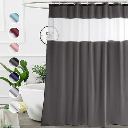 UFRIDAY Dark Gray Shower Curtain,72 x 75 Inches Long Polyester Fabric Shower Curtain with Light Filtering Window, Water Repellent,12 Hooks Included,Washable Curtain for Home and Hotel