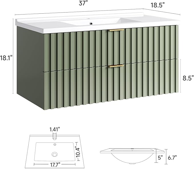 ONBRILL 36 Inch Bathroom Vanity with Sink Combo, Floating Bathroom Vanity with 2 Fluted Drawers & Metal Handle, Modern Wall Mount Storage Cabinet with Ceramic Integrated Sink for Small Space (Green)