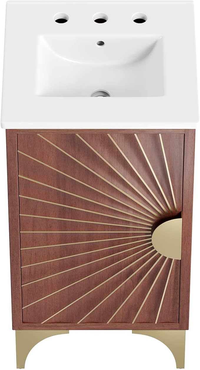 Modway Daylight Bathroom Vanity Cabinet with Ceramic Sink Basin, 18 Inch, White Walnut