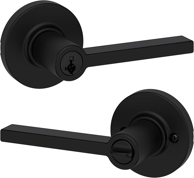 Kwikset Casey Entry Round Door Handle with Lock and Key, Secure Keyed Reversible Lever Exterior, for Front Entrance and Bedrooms, Matte Black, Pick Resistant Smartkey Rekey Security and Microban
