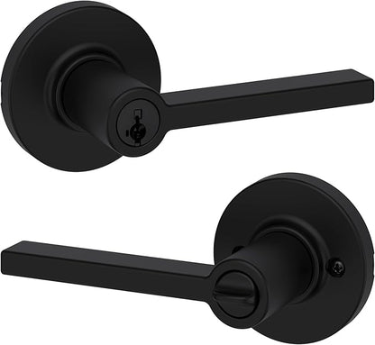 Kwikset Casey Entry Round Door Handle with Lock and Key, Secure Keyed Reversible Lever Exterior, for Front Entrance and Bedrooms, Matte Black, Pick Resistant Smartkey Rekey Security and Microban
