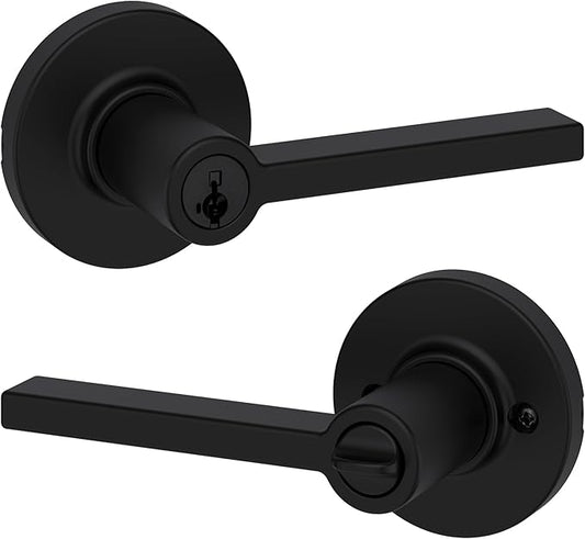 Kwikset Casey Entry Round Door Handle with Lock and Key, Secure Keyed Reversible Lever Exterior, for Front Entrance and Bedrooms, Matte Black, Pick Resistant Smartkey Rekey Security and Microban