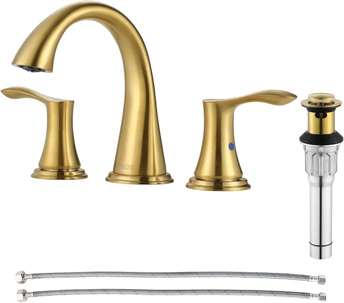 Bathroom Sink Faucet 8 Inch Widespread for Vanity, Brushed Gold | Mid Arc Brass Spout, 2 Handle Lead-Free Bathroom Faucet with Metal Pop Up Drain Supply Lines for 3 Hole Lavatory Utility Sink