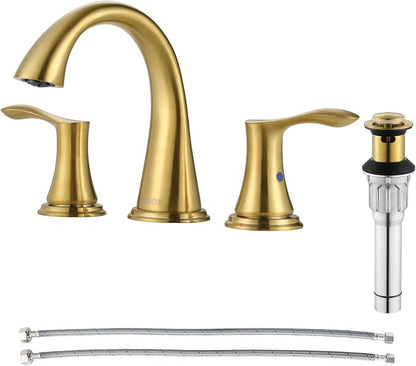 Bathroom Sink Faucet 8 Inch Widespread for Vanity, Brushed Gold | Mid Arc Brass Spout, 2 Handle Lead-Free Bathroom Faucet with Metal Pop Up Drain Supply Lines for 3 Hole Lavatory Utility Sink