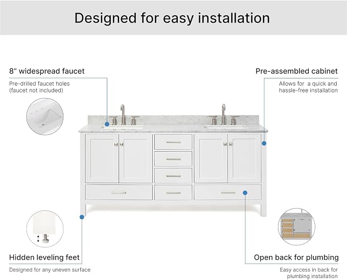 ARIEL Cambridge 72-inch Bathroom Vanity with Sink,Solid Wood, 0.75-inch Italian Carrara Marble Countertop, Double Rectangular Porcelain Sink, 4 Soft Closing Doors, 6 Dovetail Drawers, White