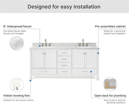 ARIEL Cambridge 72-inch Bathroom Vanity with Sink,Solid Wood, 0.75-inch Italian Carrara Marble Countertop, Double Rectangular Porcelain Sink, 4 Soft Closing Doors, 6 Dovetail Drawers, White