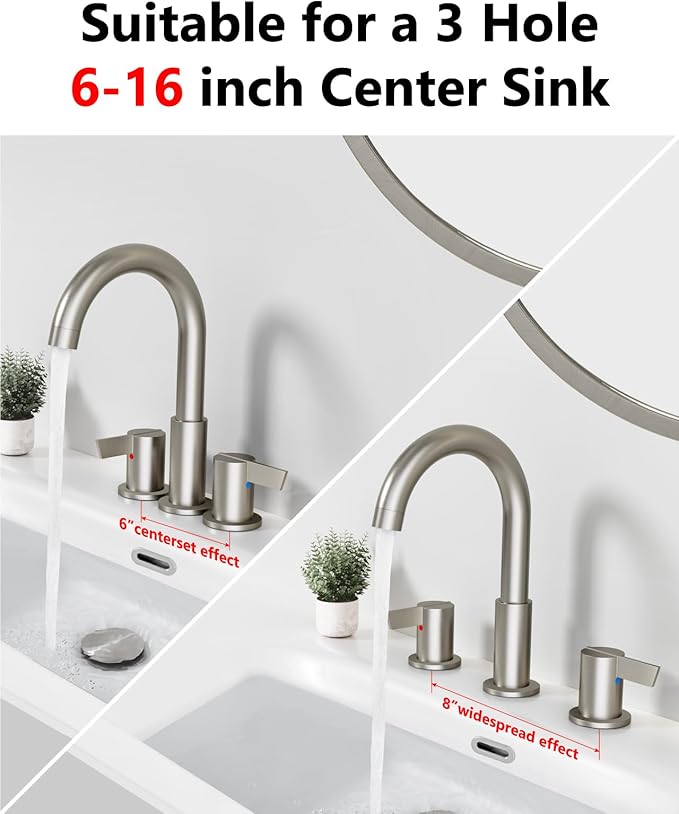 Bathroom Sink Faucet 3 Hole 8 Inch Widespread 2-Handle Vanity Faucet SUS304 Stainless Steel with Pop-Up Drain and Supply Lines Brushed Nickel